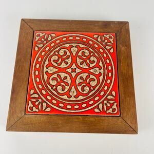 Red Tile Wood Framed Decorative Square Trivet 8 1/4” Tile 6”